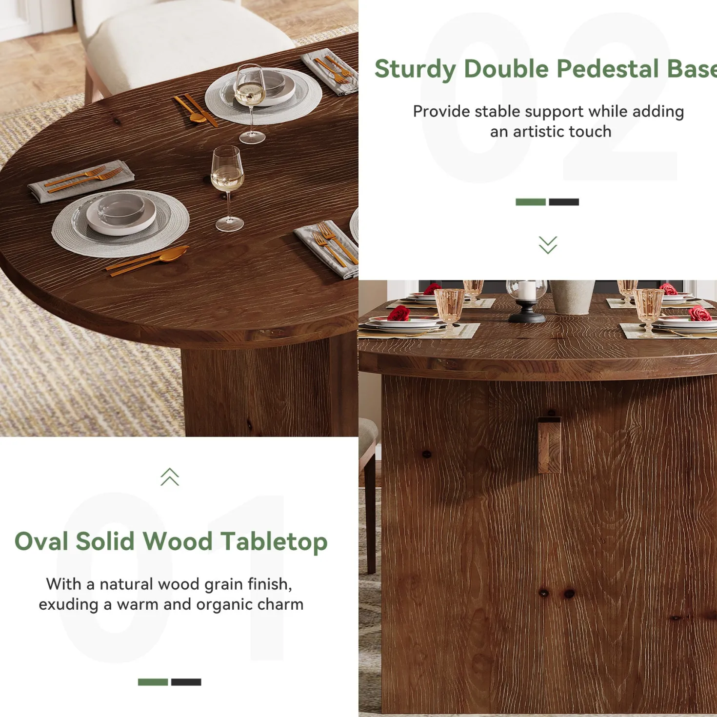 Solid Wood Dining Table, 63" Oval Kitchen Dinner Table for 4-6