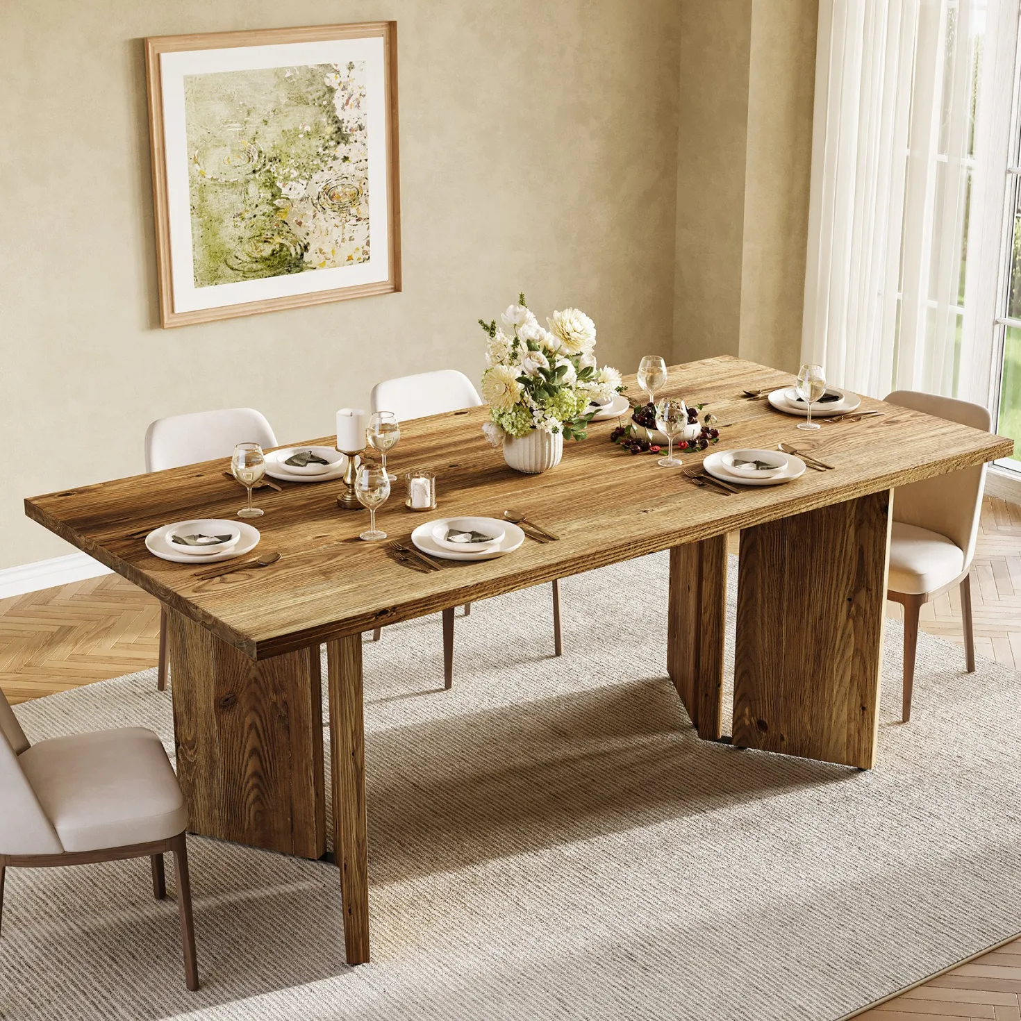 Solid Wood Dining Table, 63" Farmhouse Long Kitchen Table