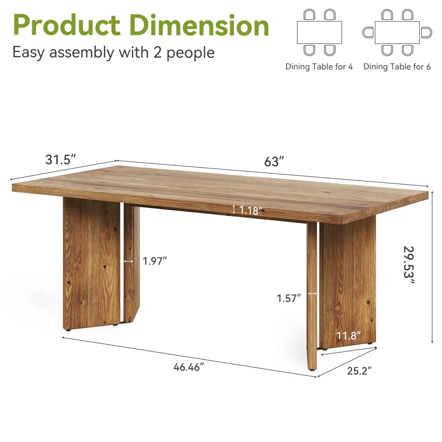 Solid Wood Dining Table, 63" Farmhouse Long Kitchen Table