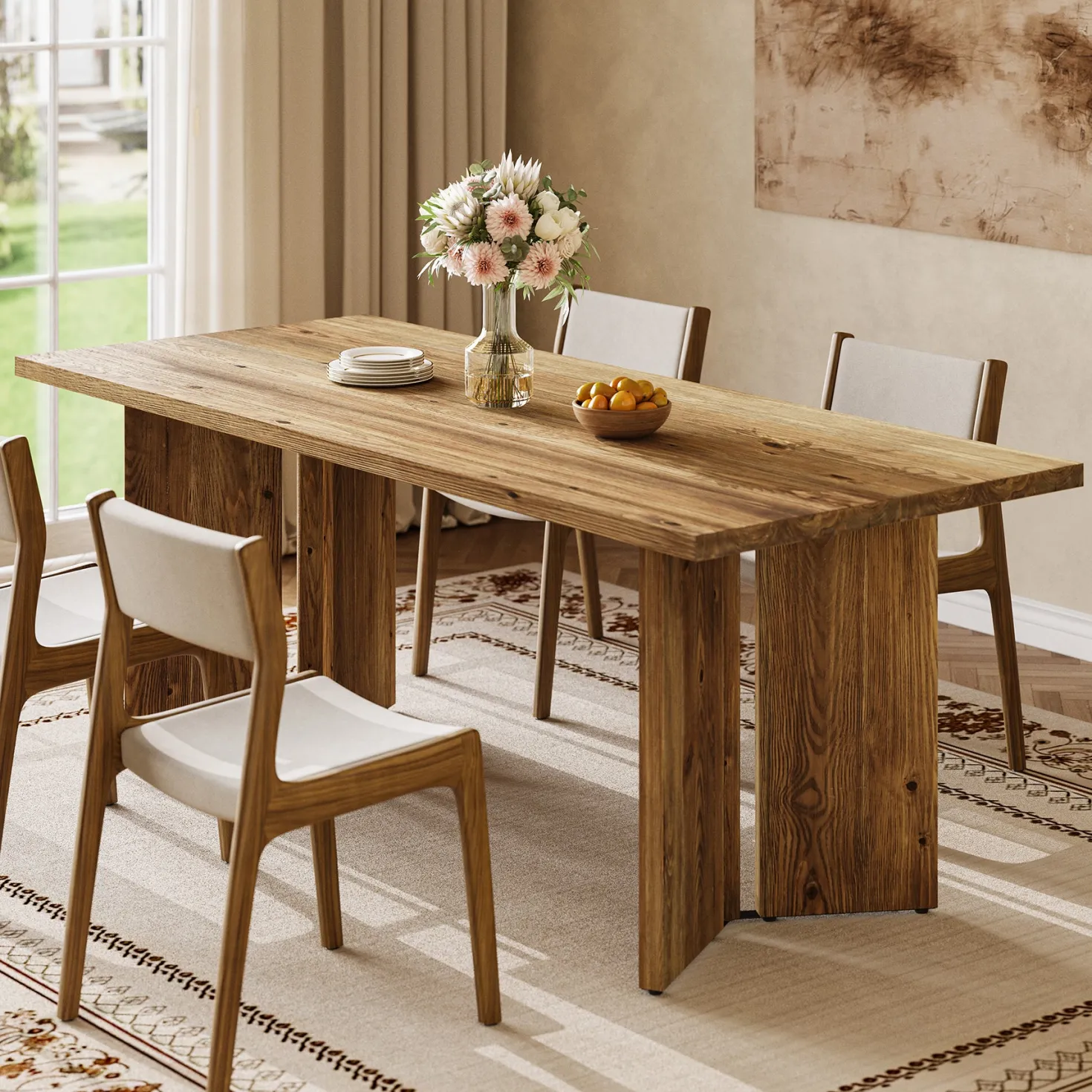 Solid Wood Dining Table, 63" Farmhouse Long Kitchen Table