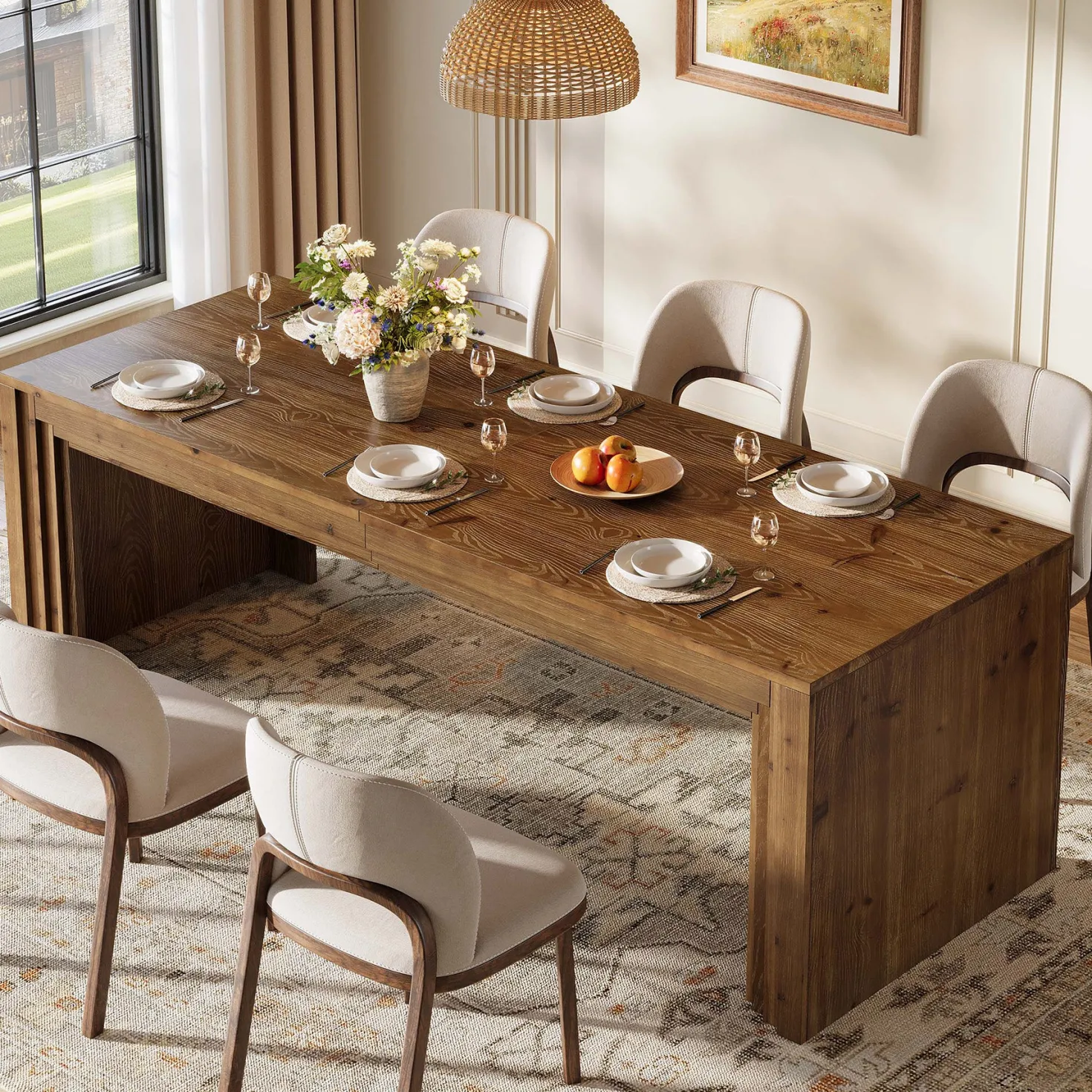 Solid Wood Dining Table for 6-10, 78.7" Rectangular Kitchen Table for Dining Room