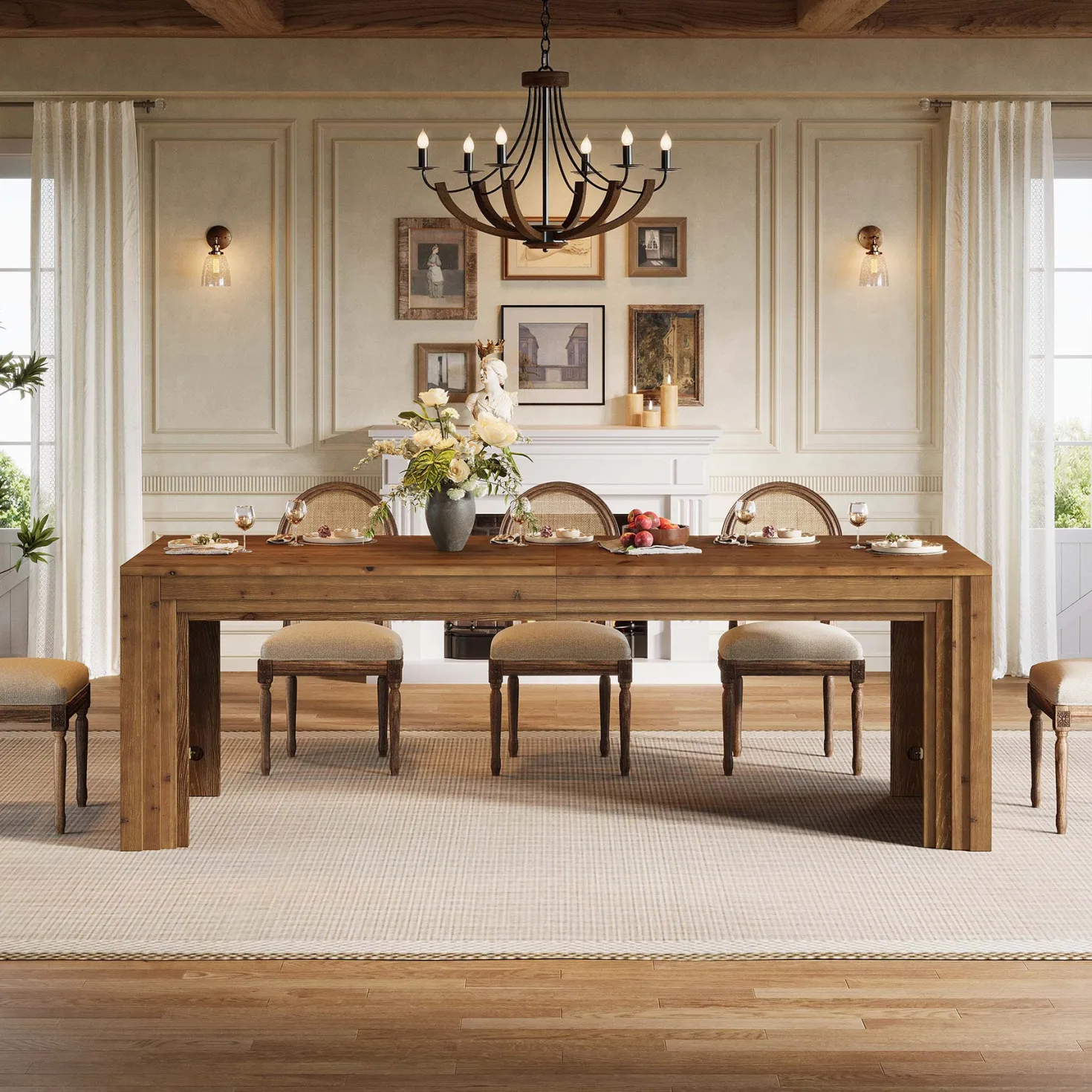 Solid Wood Dining Table for 6-10, 78.7" Rectangular Kitchen Table for Dining Room