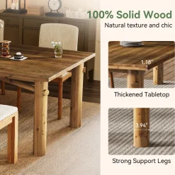 Solid Wood Dining Table for 6, 63" Rectangle Kitchen Table with Strong Legs