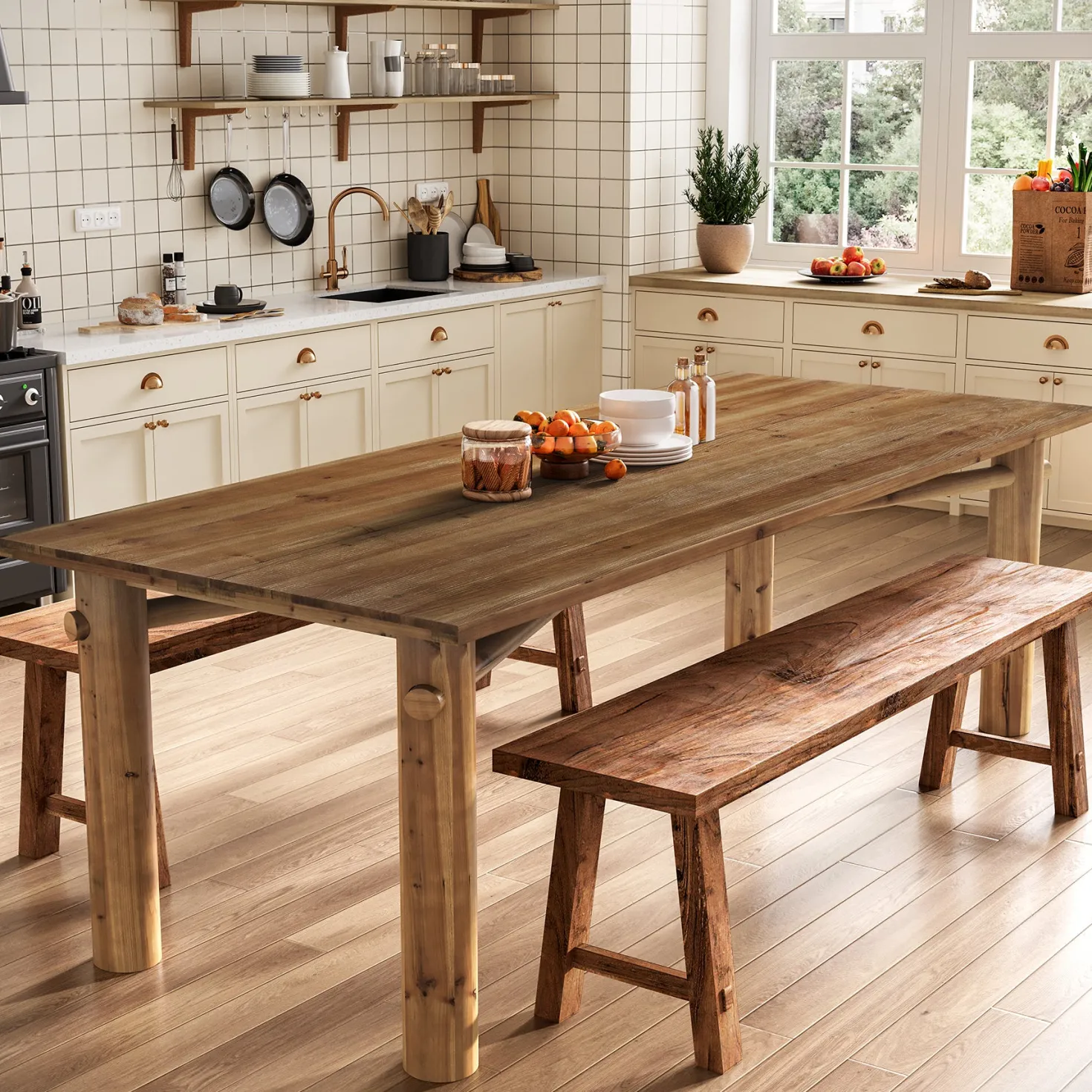 Solid Wood Dining Table for 6, 63" Rectangle Kitchen Table with Strong Legs