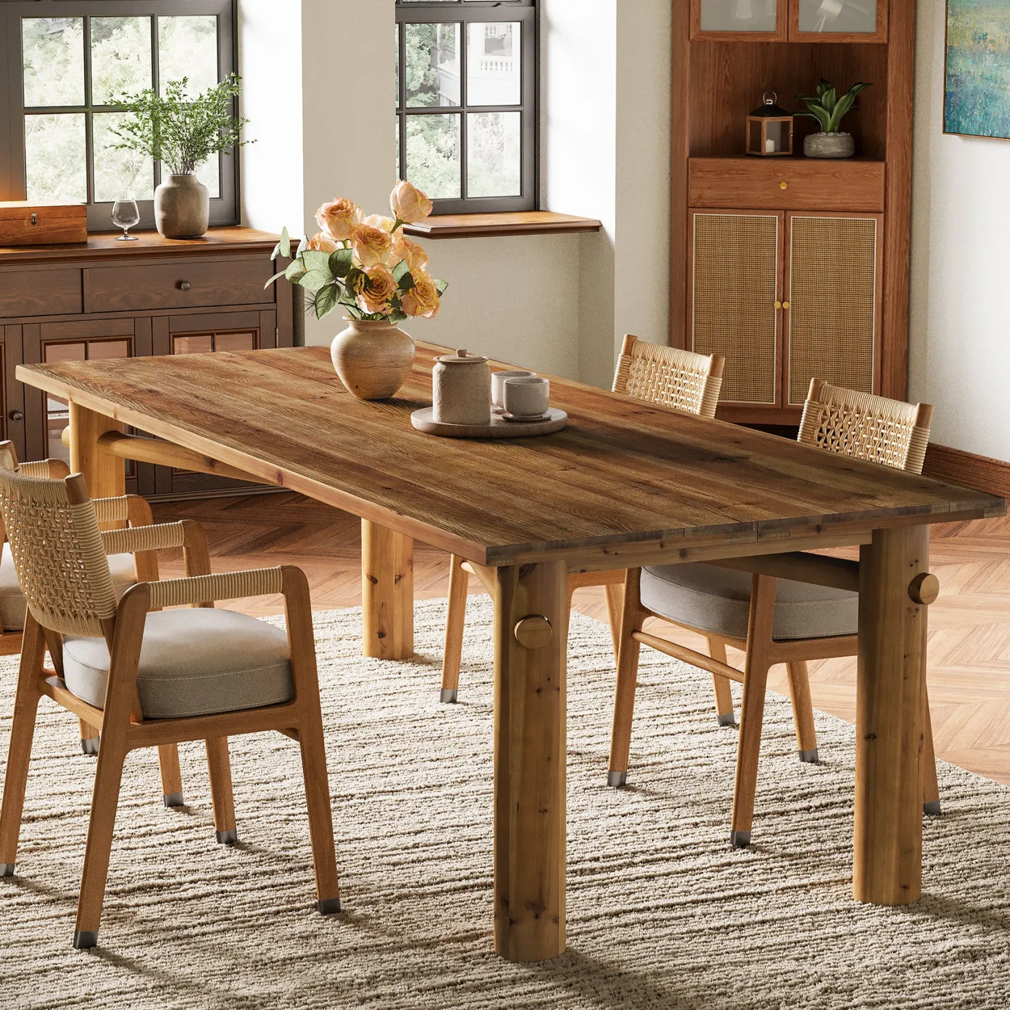 Solid Wood Dining Table for 6, 63" Rectangle Kitchen Table with Strong Legs
