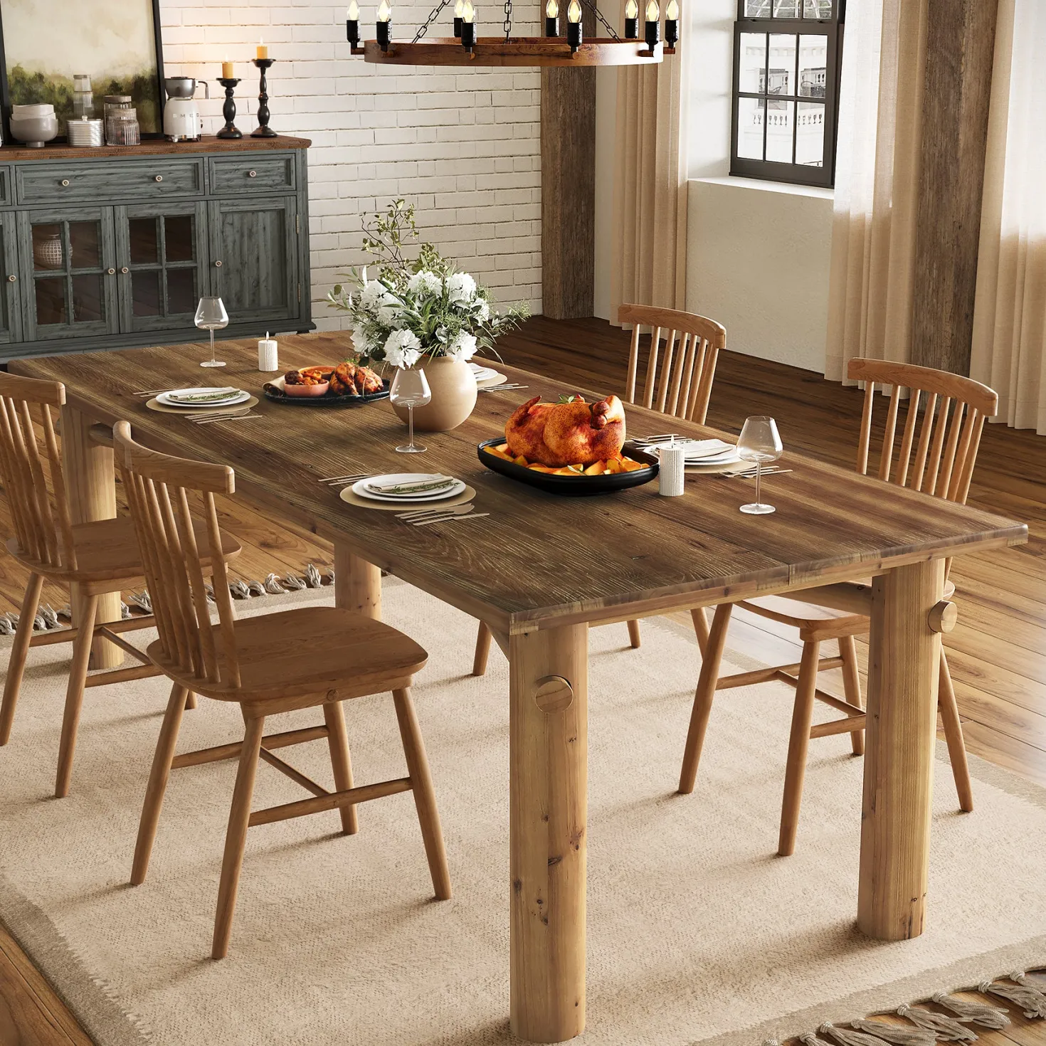 Solid Wood Dining Table for 6, 63" Rectangle Kitchen Table with Strong Legs