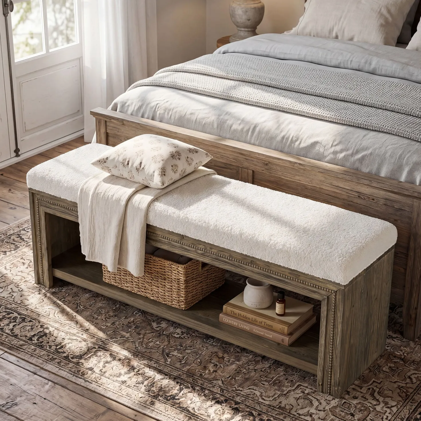 Solid Wood End of Bed Bench, 55.12" Upholstered Bed Bench with Storage for Bedroom