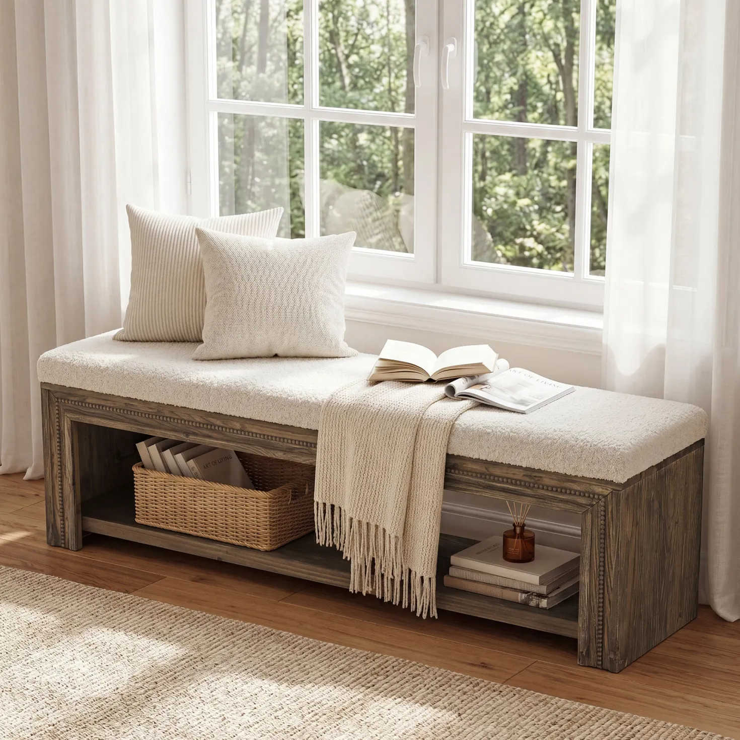 Solid Wood End of Bed Bench, 55.12" Upholstered Bed Bench with Storage for Bedroom
