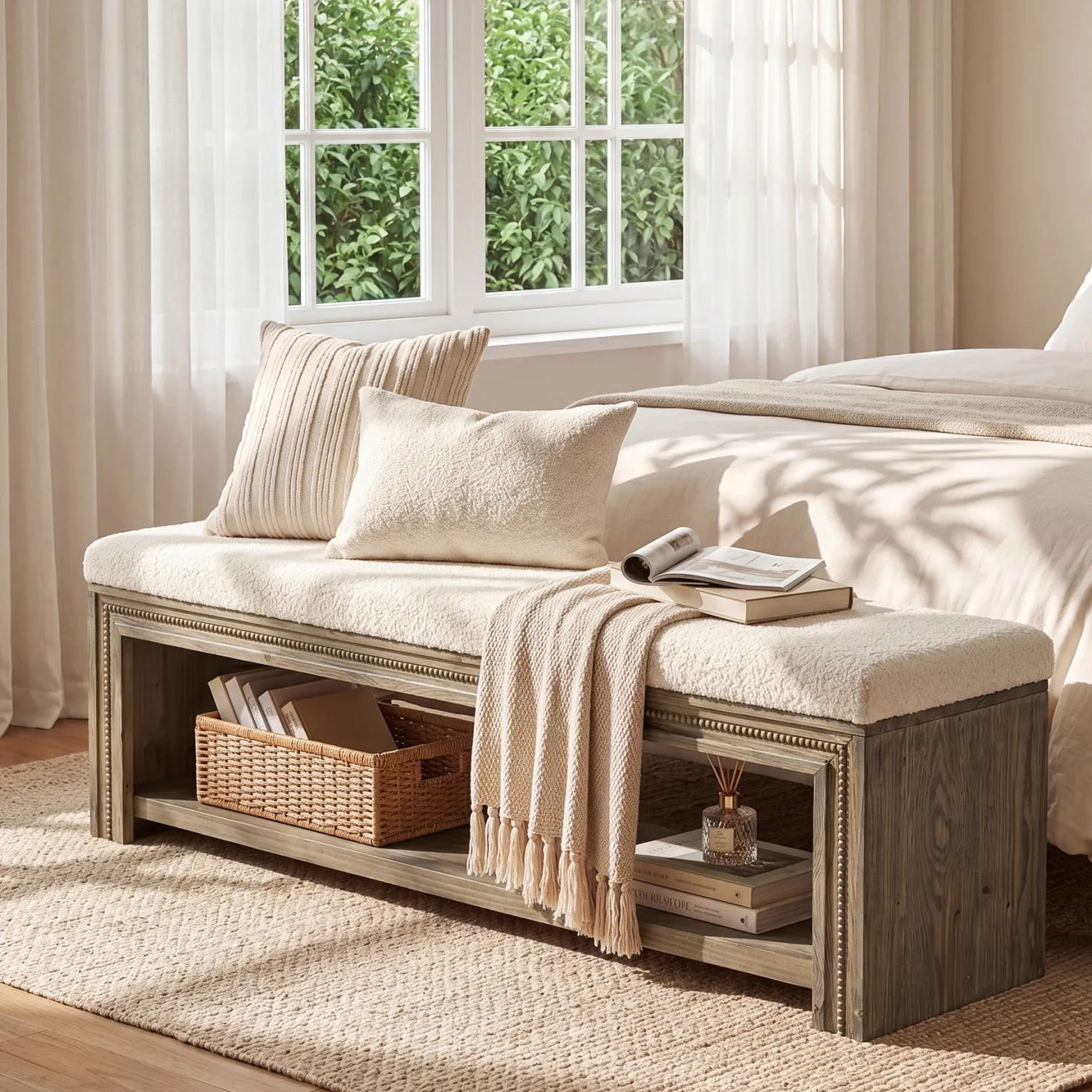 Solid Wood End of Bed Bench, 55.12" Upholstered Bed Bench with Storage for Bedroom
