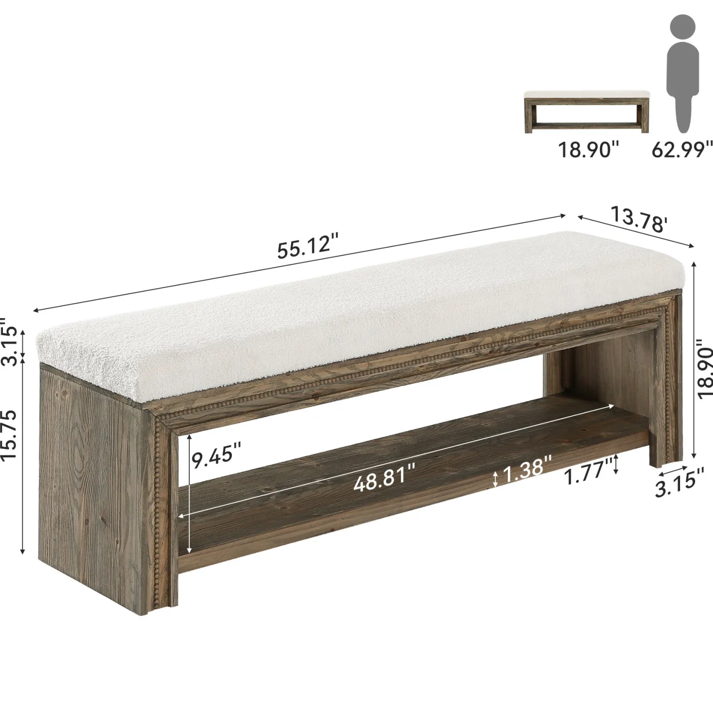 Solid Wood End of Bed Bench, 55.12" Upholstered Bed Bench with Storage for Bedroom