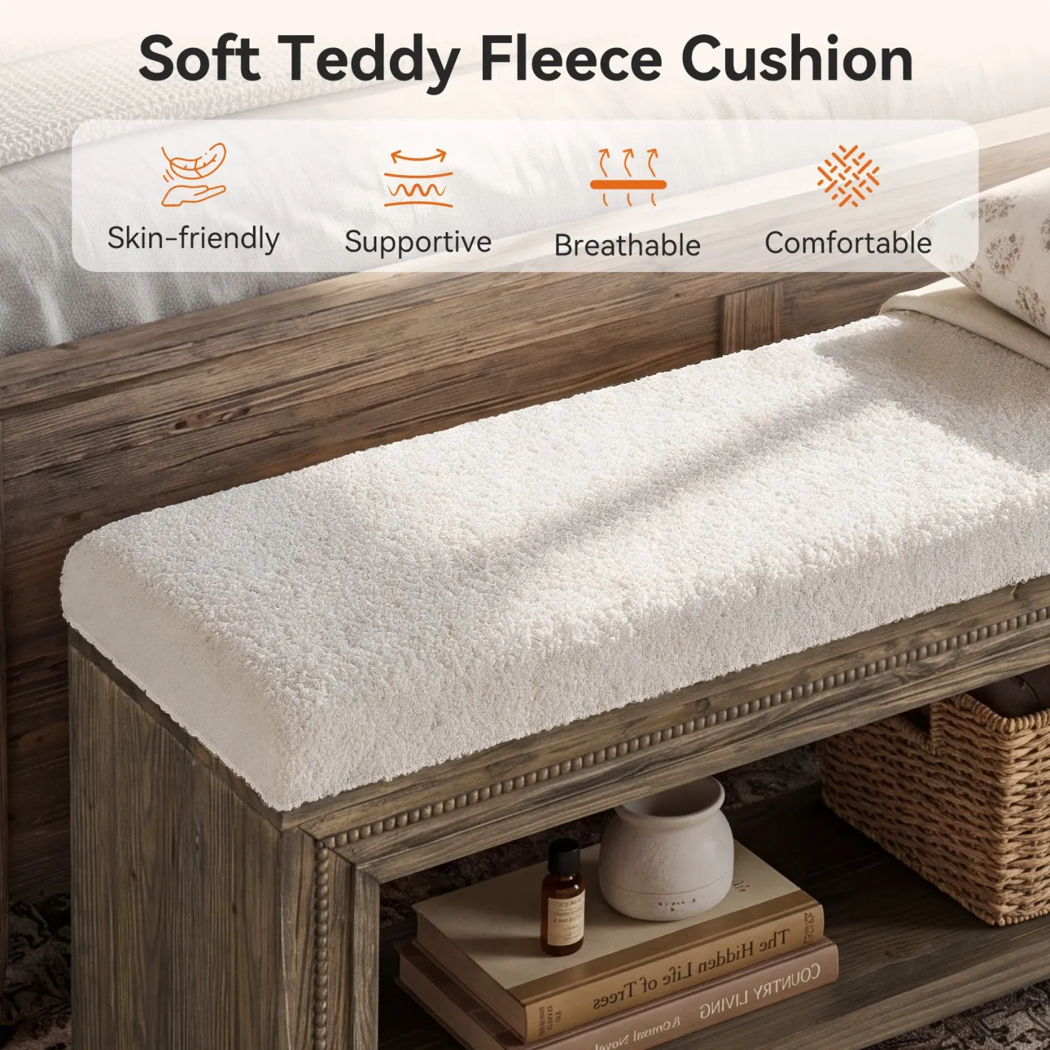 Solid Wood End of Bed Bench, 55.12" Upholstered Bed Bench with Storage for Bedroom