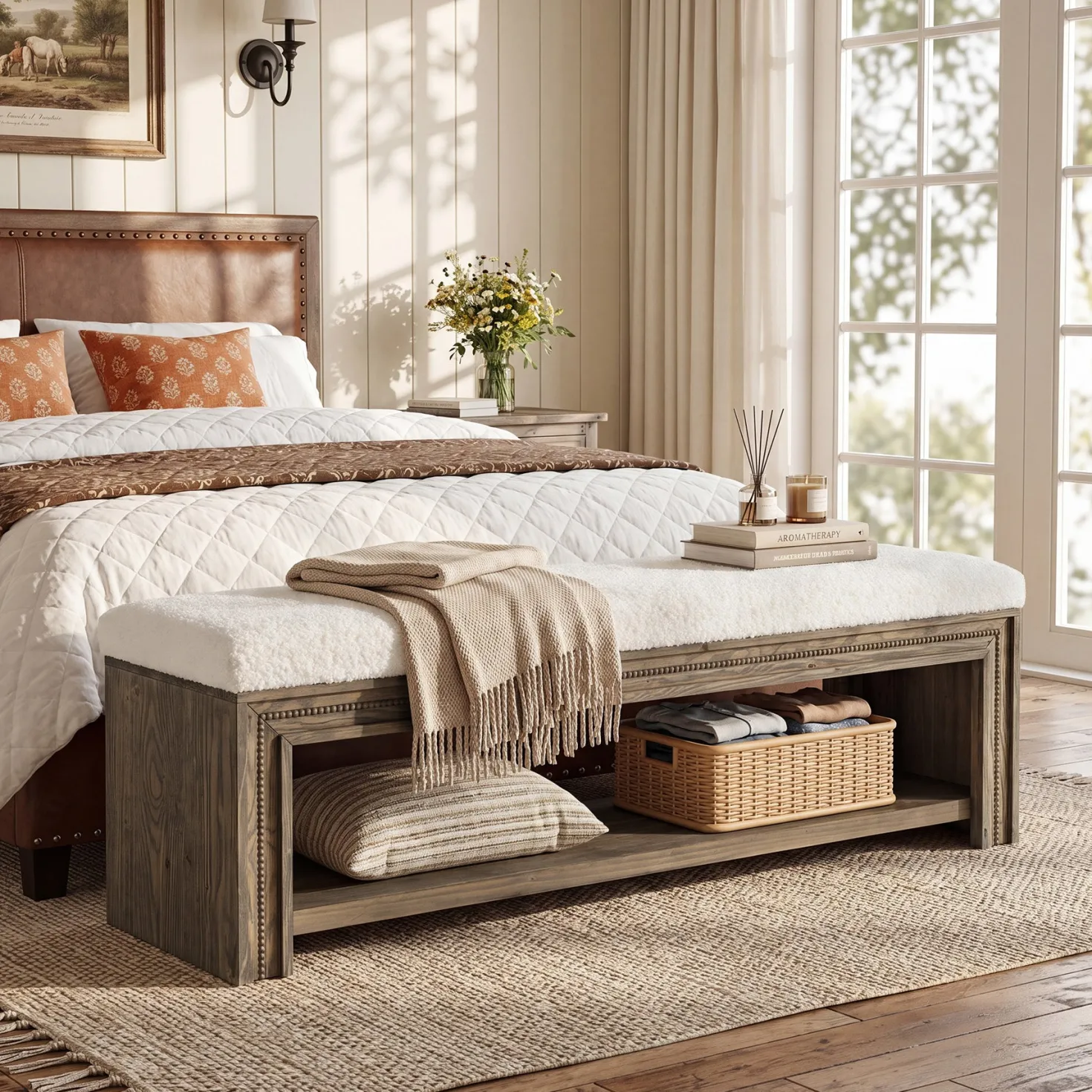 Solid Wood End of Bed Bench, 55.12" Upholstered Bed Bench with Storage for Bedroom