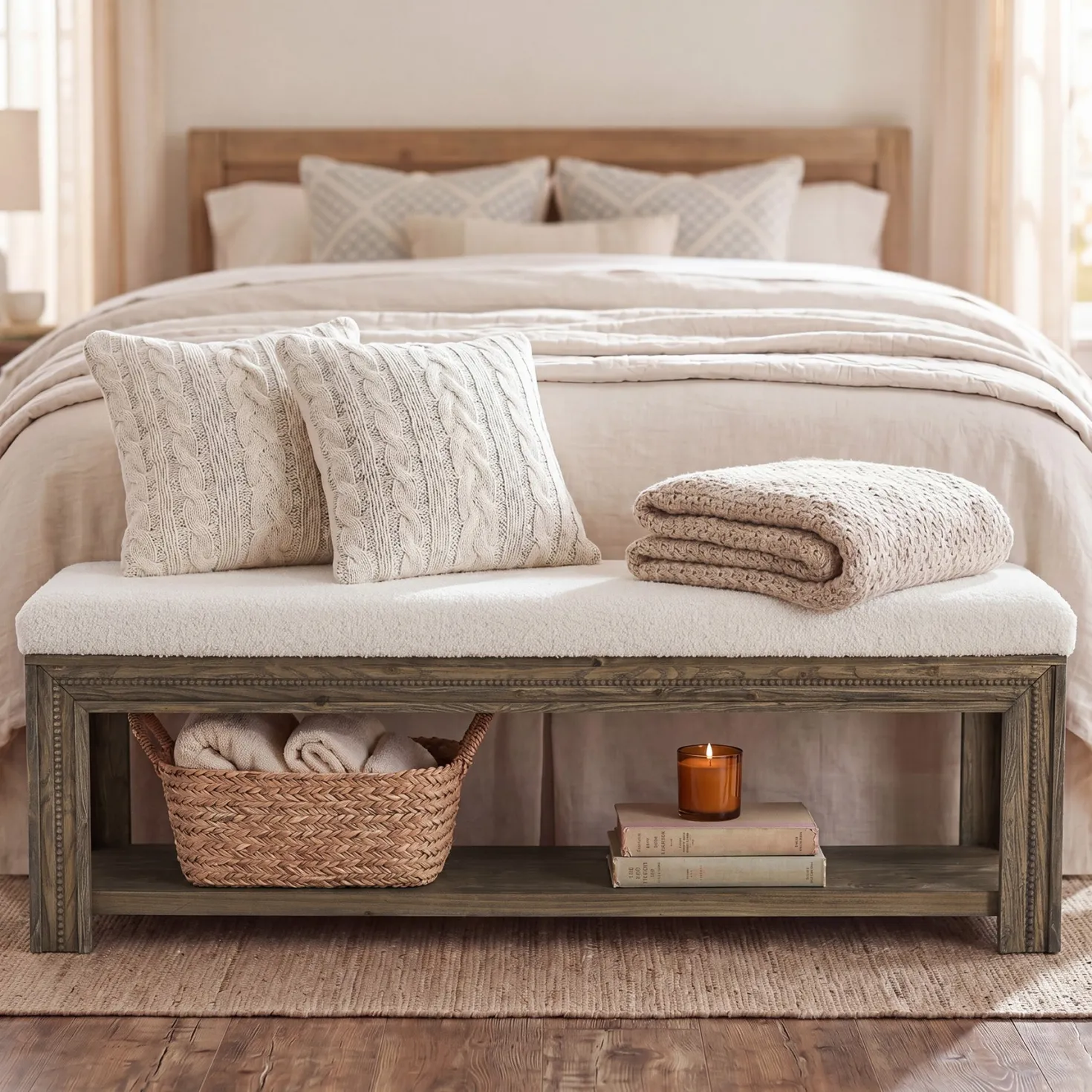 Solid Wood End of Bed Bench, 55.12" Upholstered Bed Bench with Storage for Bedroom