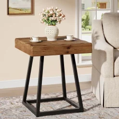 Solid Wood End Table, 19.7" Square Side Table with Metal Frame