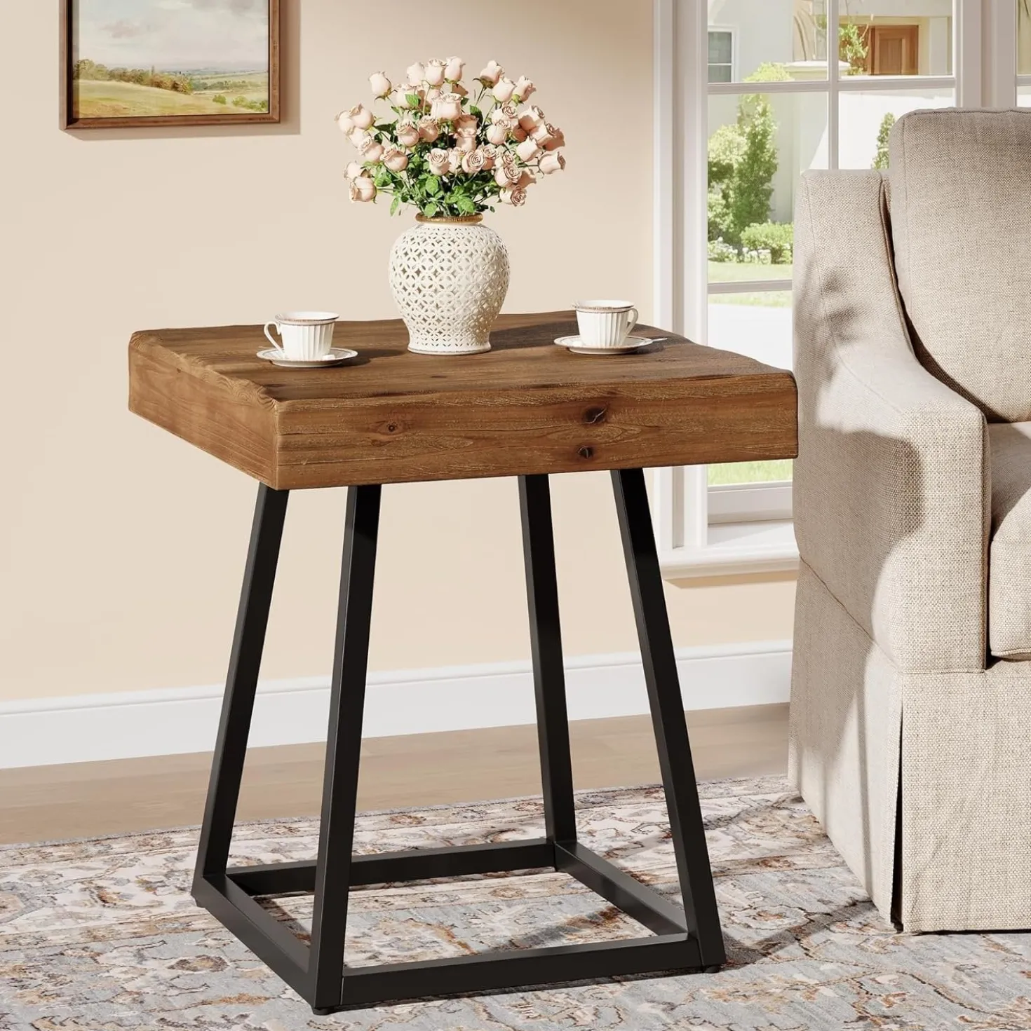 Solid Wood End Table, 19.7" Square Side Table with Metal Frame