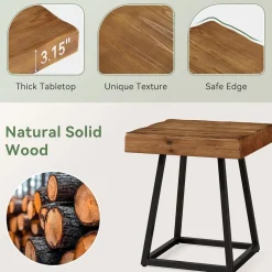 Solid Wood End Table, 19.7" Square Side Table with Metal Frame
