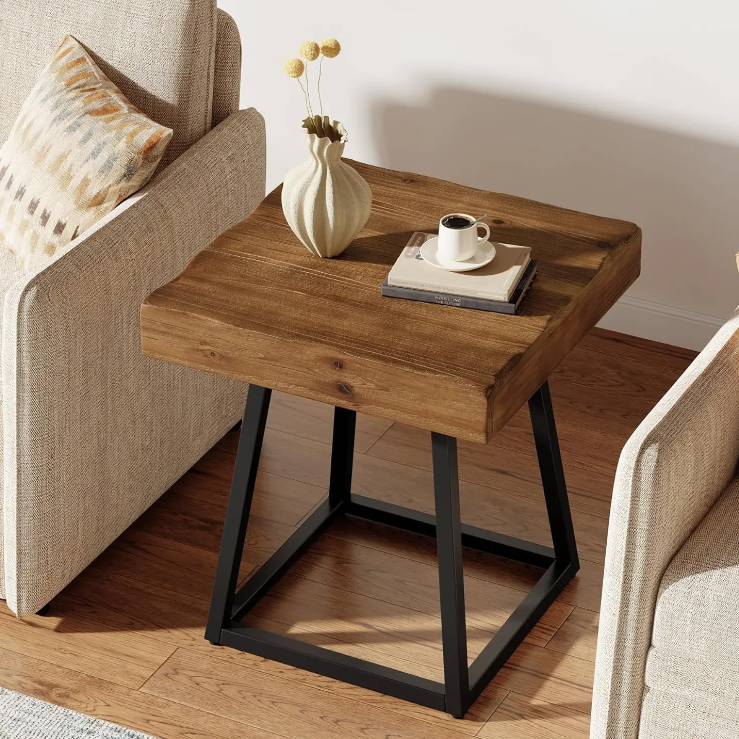 Solid Wood End Table, 19.7" Square Side Table with Metal Frame