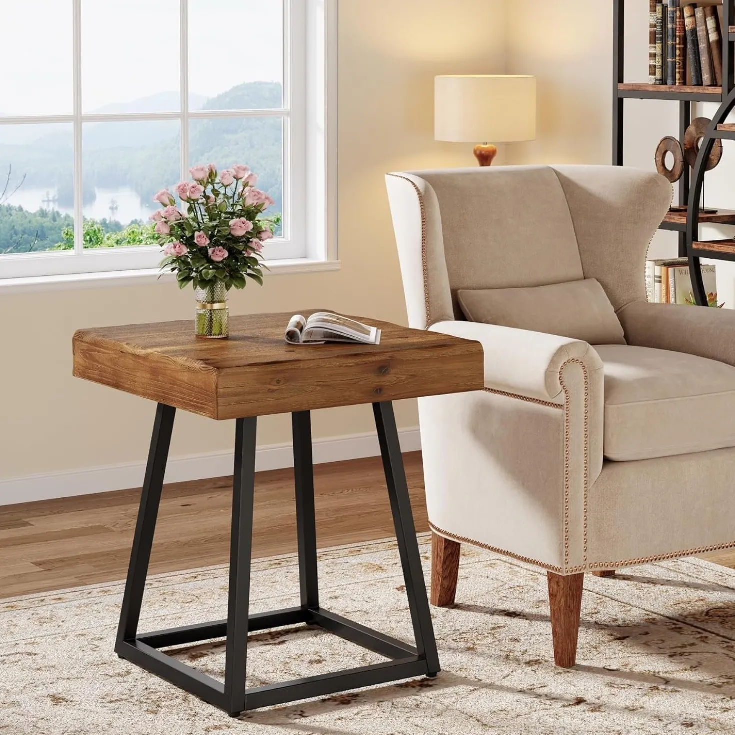 Solid Wood End Table, 19.7" Square Side Table with Metal Frame