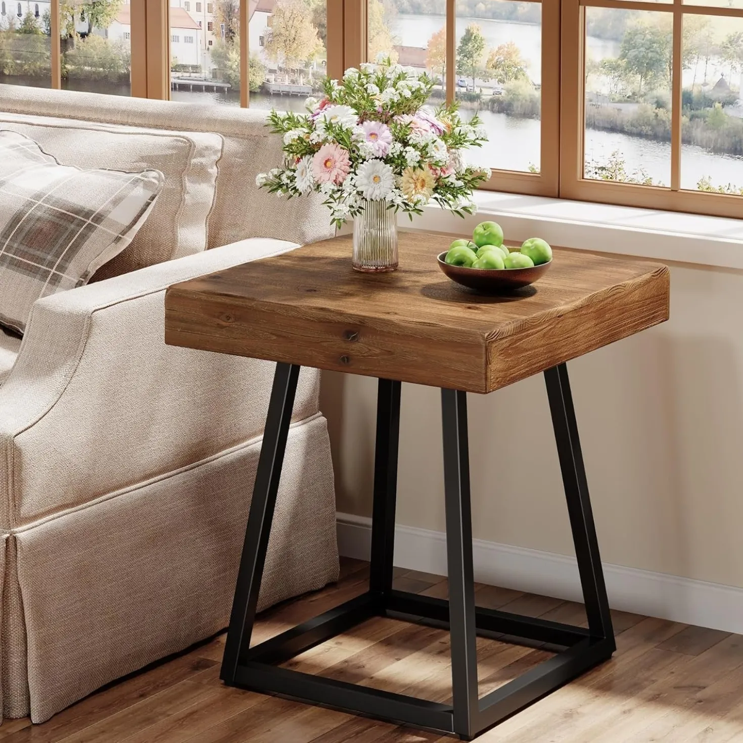 Solid Wood End Table, 19.7" Square Side Table with Metal Frame