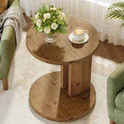 Solid Wood End Table, C-Shaped Round Side Table for for Living Room