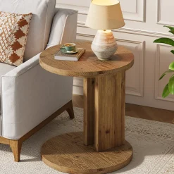 Solid Wood End Table, C-Shaped Round Side Table for for Living Room
