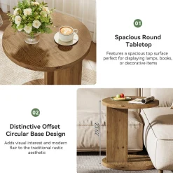 Solid Wood End Table, C-Shaped Round Side Table for for Living Room