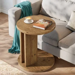 Solid Wood End Table, C-Shaped Round Side Table for for Living Room