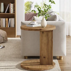 Solid Wood End Table, C-Shaped Round Side Table for for Living Room