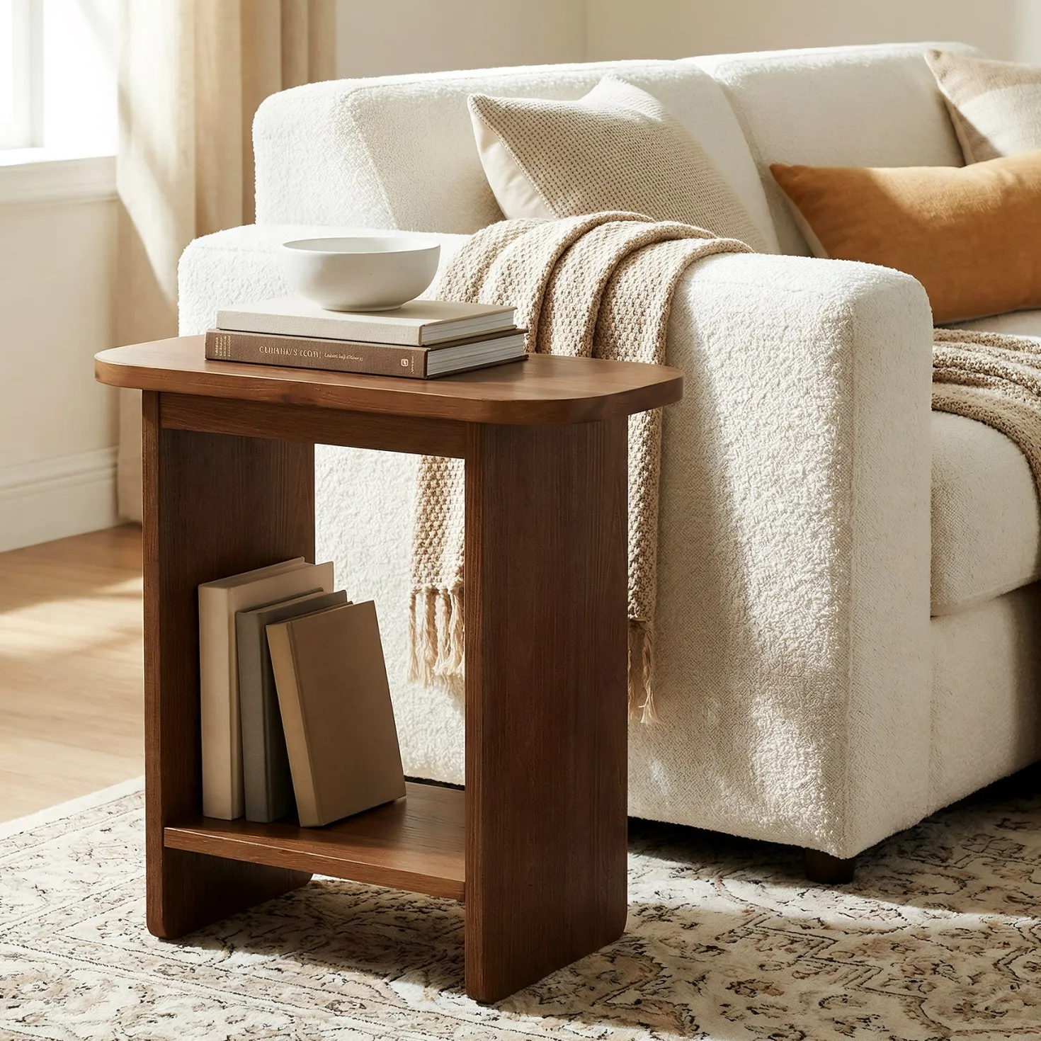 Solid Wood End Table, H-Shaped 2-Tier Side Table with Storage Shelf
