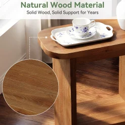 Solid Wood End Table, H-Shaped 2-Tier Side Table with Storage Shelf