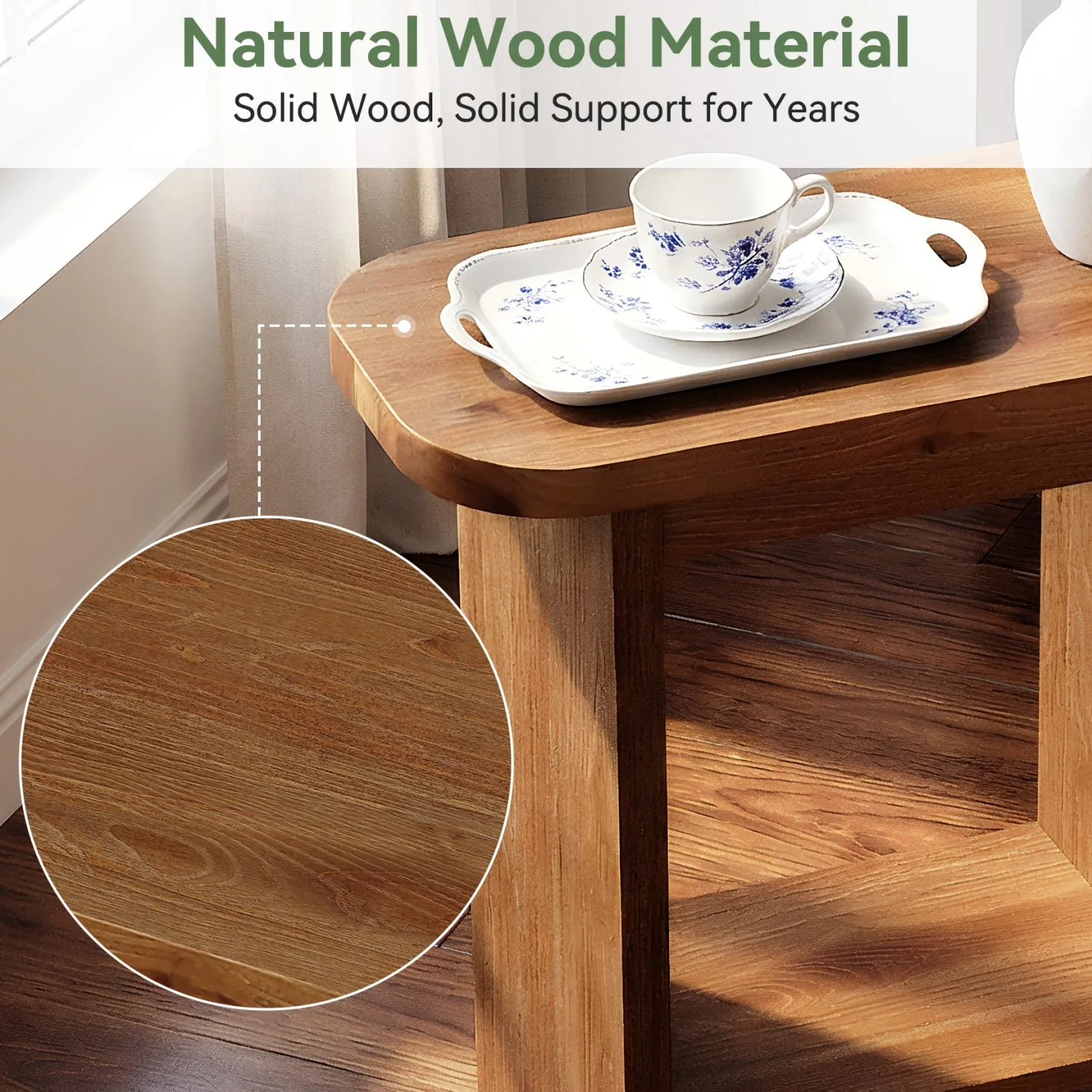Solid Wood End Table, H-Shaped 2-Tier Side Table with Storage Shelf