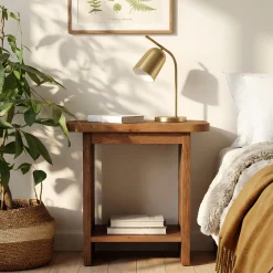 Solid Wood End Table, H-Shaped 2-Tier Side Table with Storage Shelf