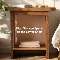 Solid Wood End Table, H-Shaped 2-Tier Side Table with Storage Shelf
