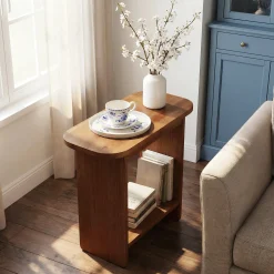 Solid Wood End Table, H-Shaped 2-Tier Side Table with Storage Shelf