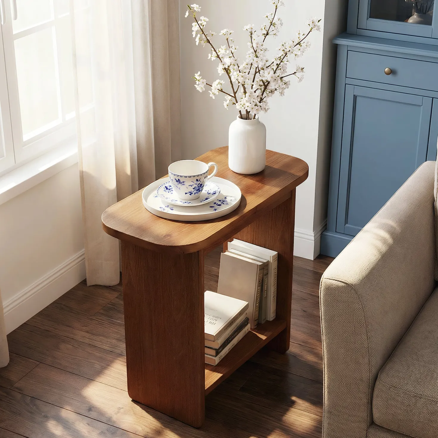 Solid Wood End Table, H-Shaped 2-Tier Side Table with Storage Shelf