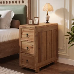 Solid Wood End Table, Narrow Side Table Nightstand with 3 Drawers