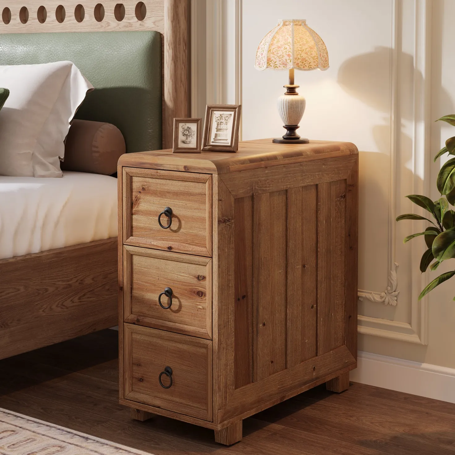 Solid Wood End Table, Narrow Side Table Nightstand with 3 Drawers