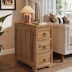 Solid Wood End Table, Narrow Side Table Nightstand with 3 Drawers