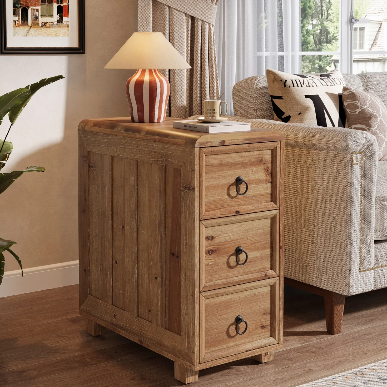 Solid Wood End Table, Narrow Side Table Nightstand with 3 Drawers