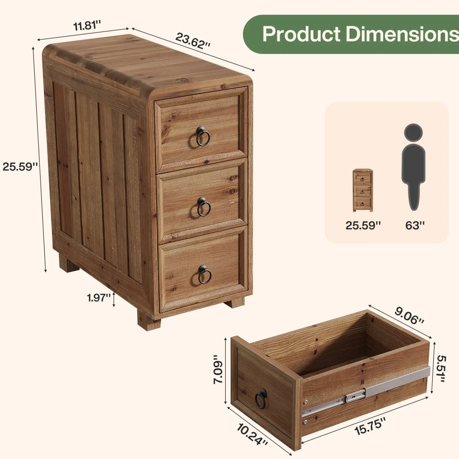 Solid Wood End Table, Narrow Side Table Nightstand with 3 Drawers