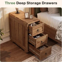 Solid Wood End Table, Narrow Side Table Nightstand with 3 Drawers