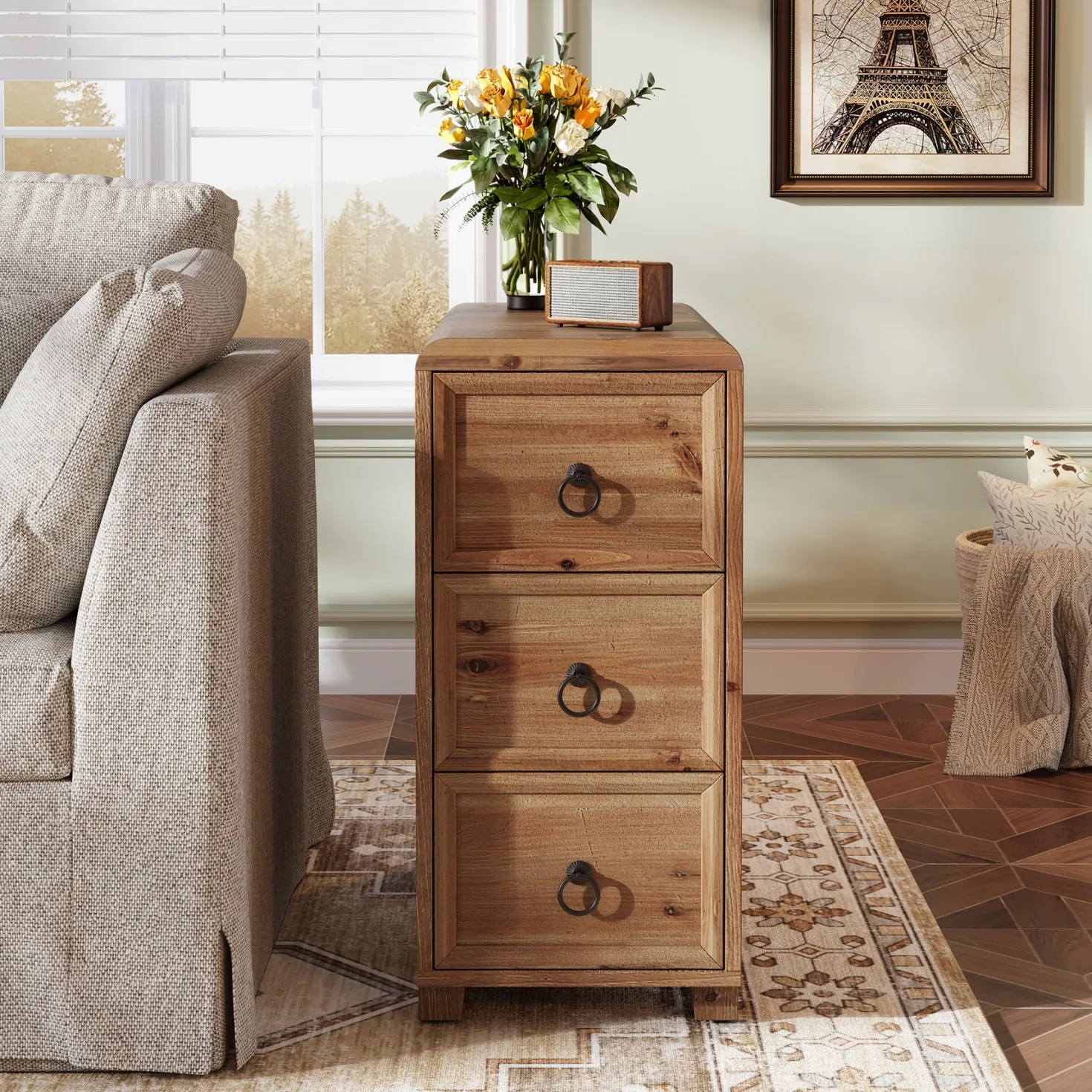 Solid Wood End Table, Narrow Side Table Nightstand with 3 Drawers
