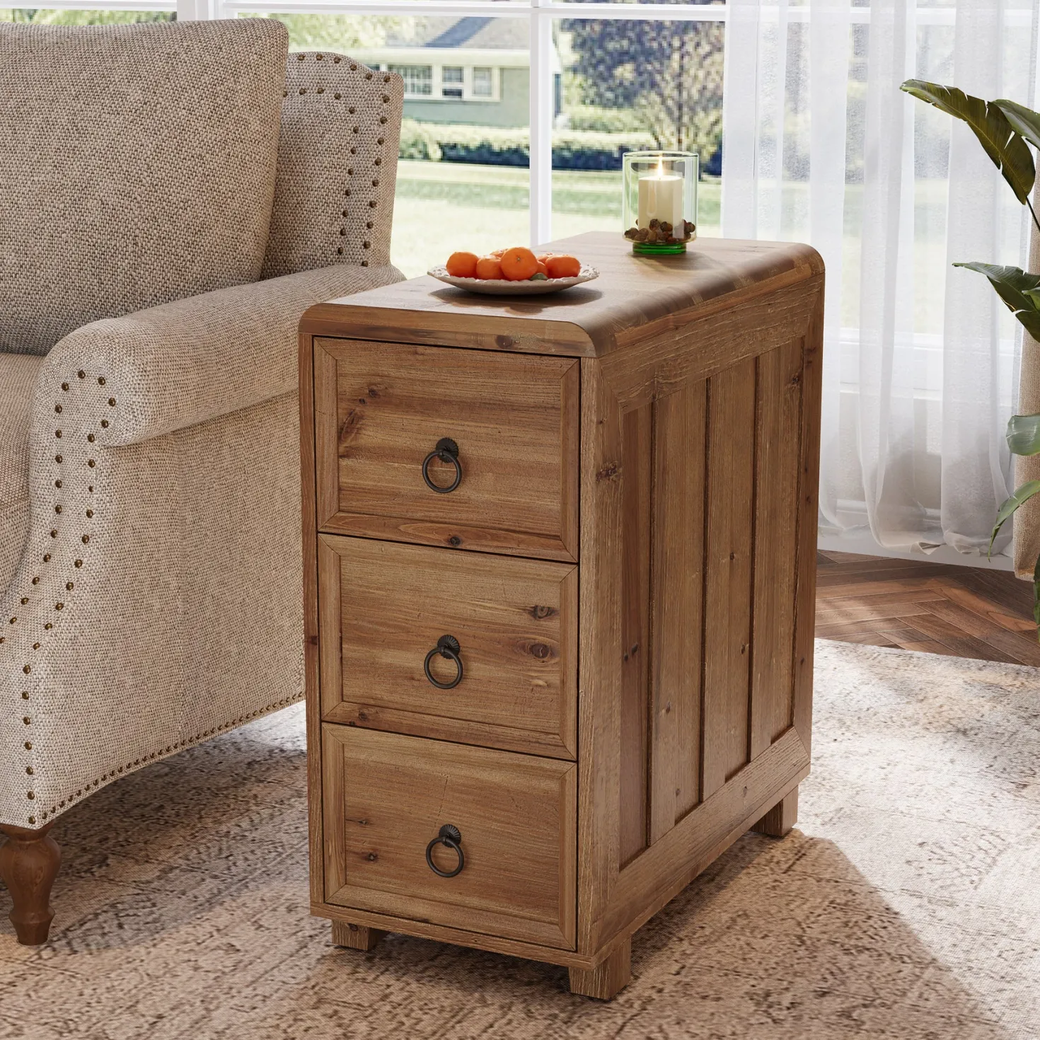 Solid Wood End Table, Narrow Side Table Nightstand with 3 Drawers