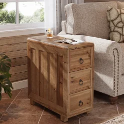 Solid Wood End Table, Narrow Side Table Nightstand with 3 Drawers