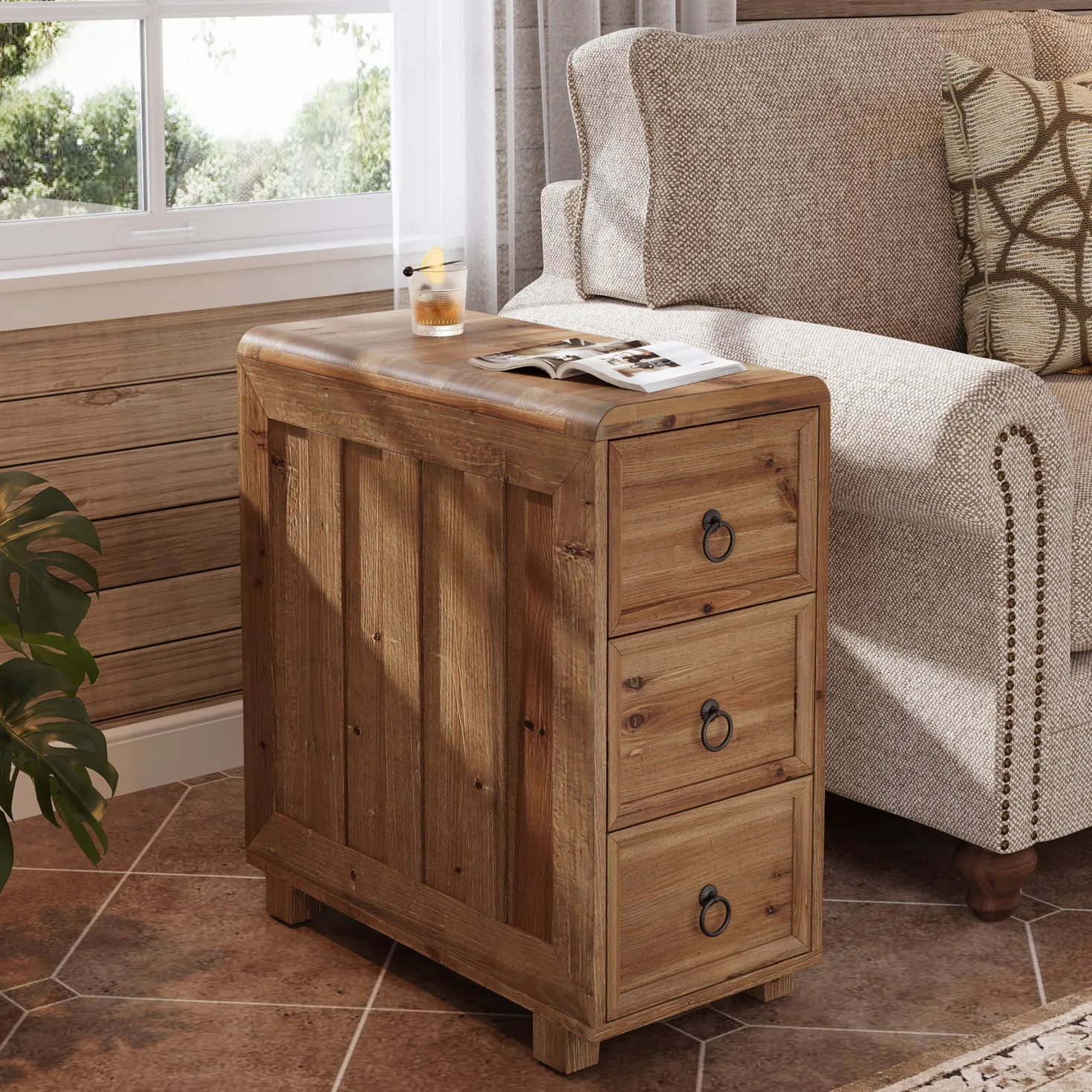Solid Wood End Table, Narrow Side Table Nightstand with 3 Drawers