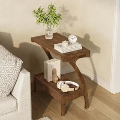 Solid Wood End Table, Narrow Side Table with 2-Tier Storage Shelf