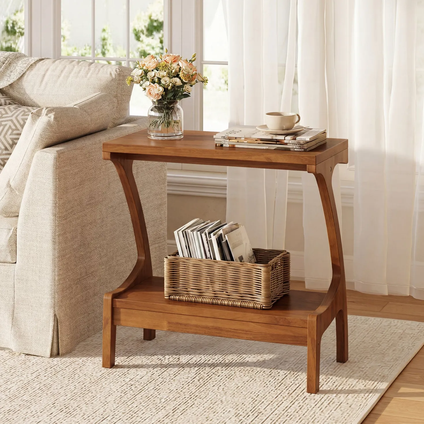 Solid Wood End Table, Narrow Side Table with 2-Tier Storage Shelf