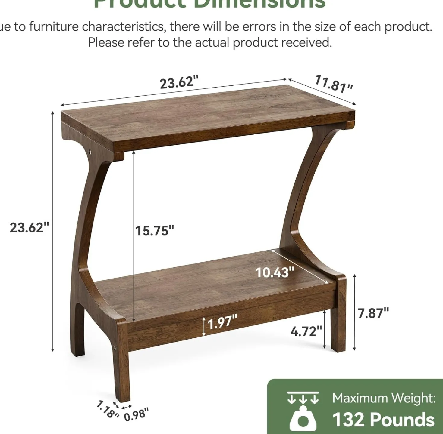 Solid Wood End Table, Narrow Side Table with 2-Tier Storage Shelf