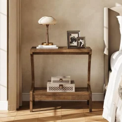 Solid Wood End Table, Narrow Side Table with 2-Tier Storage Shelf