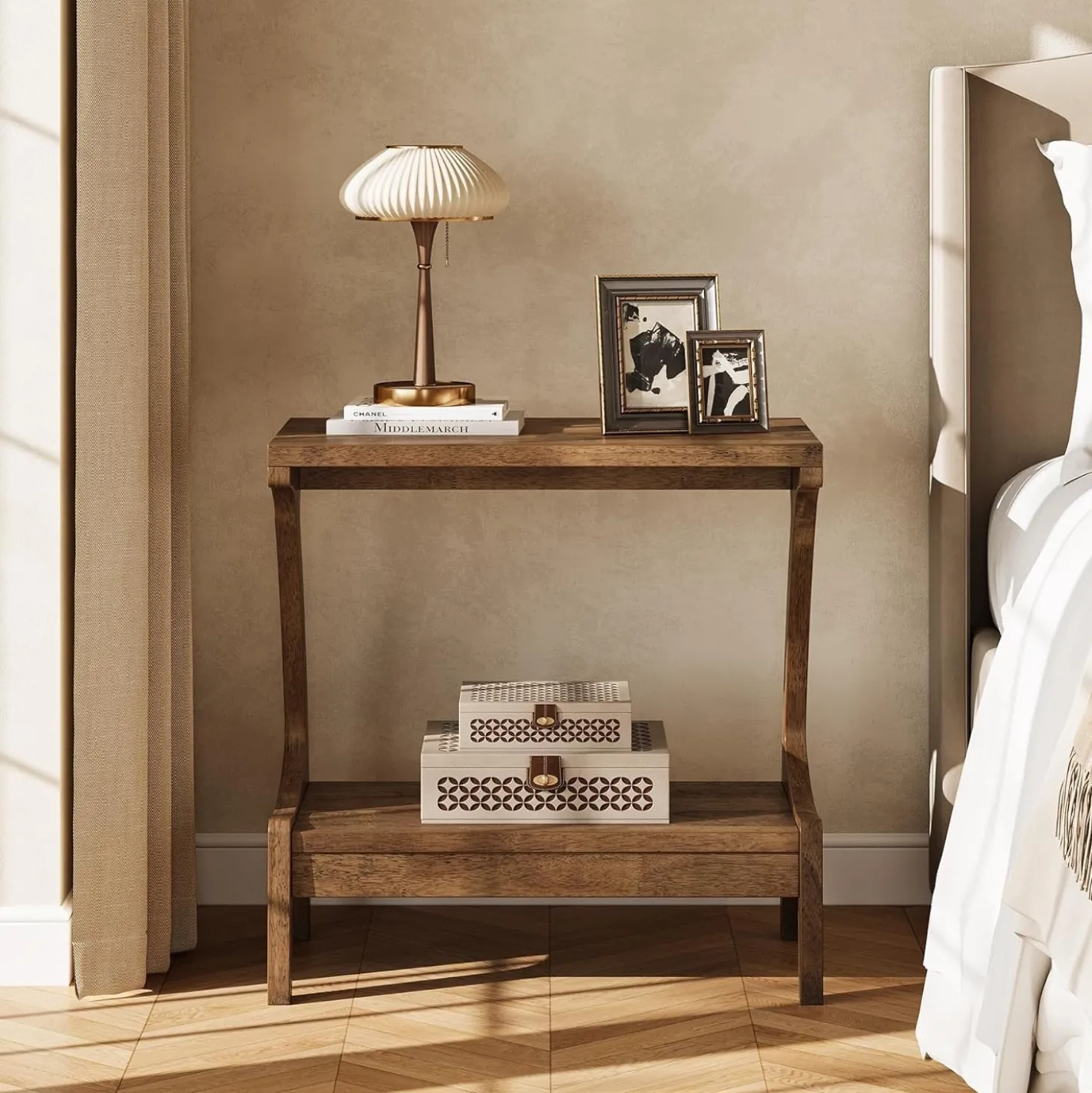 Solid Wood End Table, Narrow Side Table with 2-Tier Storage Shelf